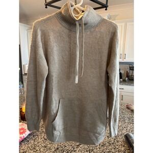 Lou & Grey Sweater Tunic Kangaroo Pocket Drawstring Cashmere Blend Tan SZ S